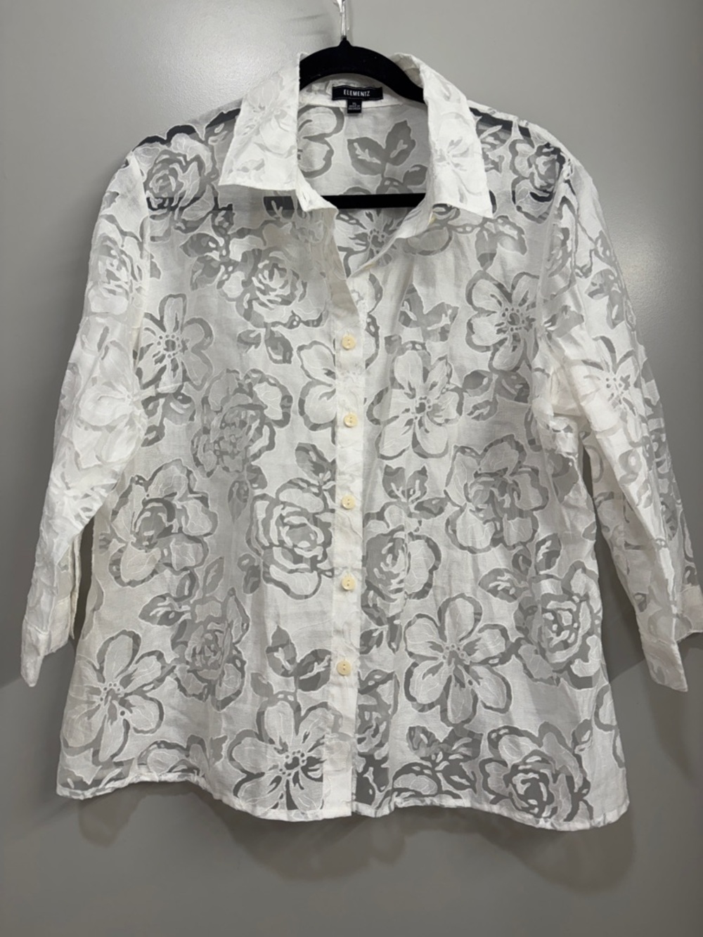White Sheer Floral Button Up Blouse Lightweight
